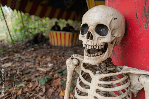 A vintage skeleton leans against a colorful circus tent, surrounded by fallen leaves and an eerie atmosphere, evoking themes of life and death.