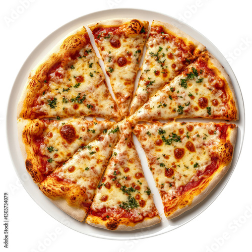 delicious cheesy Italian pizza on a plate, isolated on a white background
