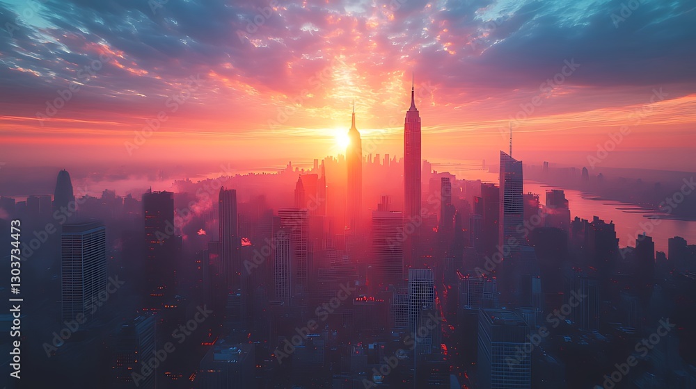 Fototapeta premium Cityscape sunrise, hazy skyline, Manhattan, dramatic sky, aerial view, urban dawn, advertising, travel