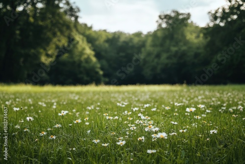 Wallpaper Mural Beautiful daisies blooming in green meadow near forest on cloudy day Torontodigital.ca