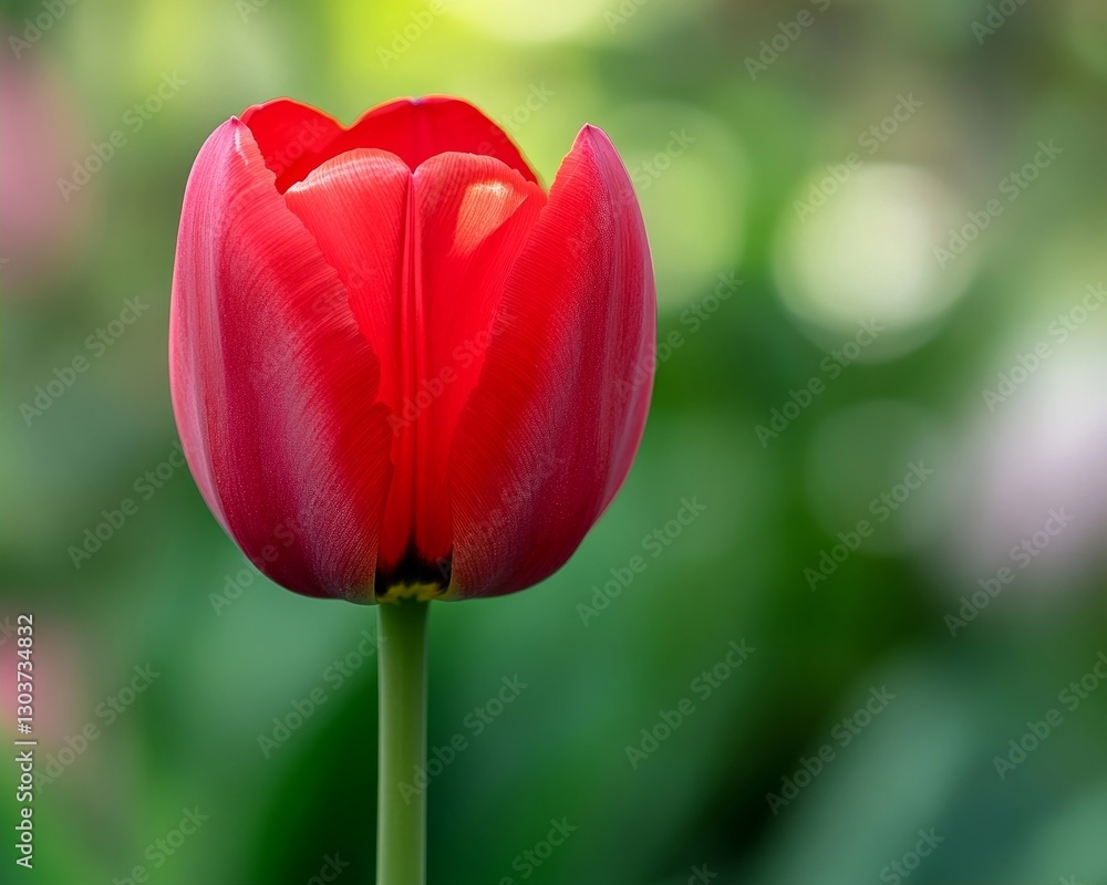 tulip with vibrant red petals against a green garden backdrop