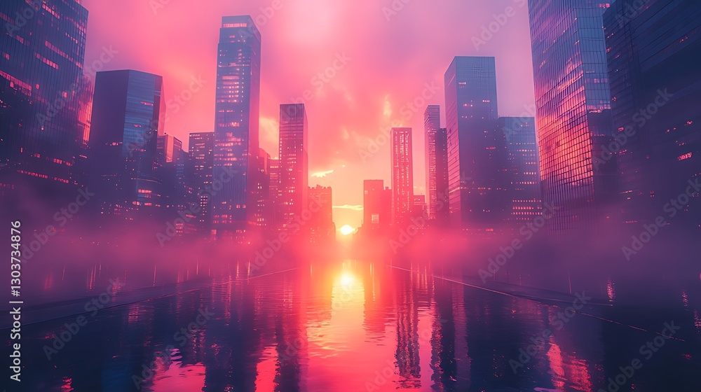 Obraz premium Pink sunset reflecting on futuristic city waterfront