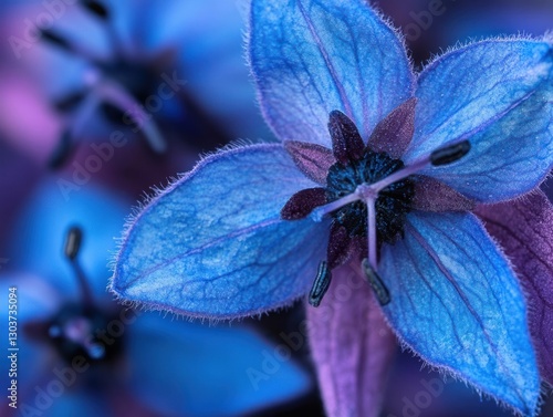 close-up view of Borage flower's purplish blue petals and black anthers photo