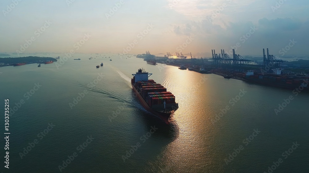 Fototapeta premium Aerial shot of a container ship passing through a major shipping lane, with a fleet of cargo vessels in the distance, capturing the vast network of global trade and supply chain operations.
