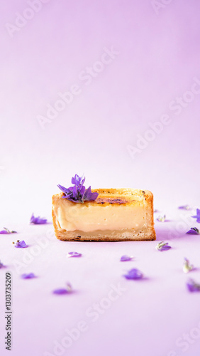 Fotografie Crème Brûlée con Lavanda – Elegancia y Dulzura en Fondo Lila