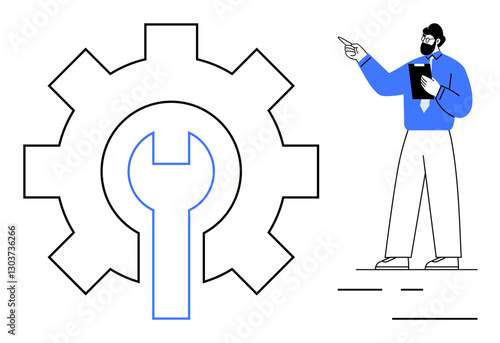 Businessman with clipboard pointing toward large gear featuring wrench shape. Ideal for teamwork, engineering, technology, planning, problem-solving, innovation, and development. Flat simple metaphor