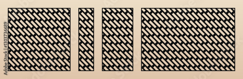 Laser cut panels set. Vector template with abstract geometric pattern, paving stones texture, brick wall, diagonal grid. Stencil for CNC cutting of wood, metal, paper. Aspect ratio 1:1, 1:4, 1:2, 3:2