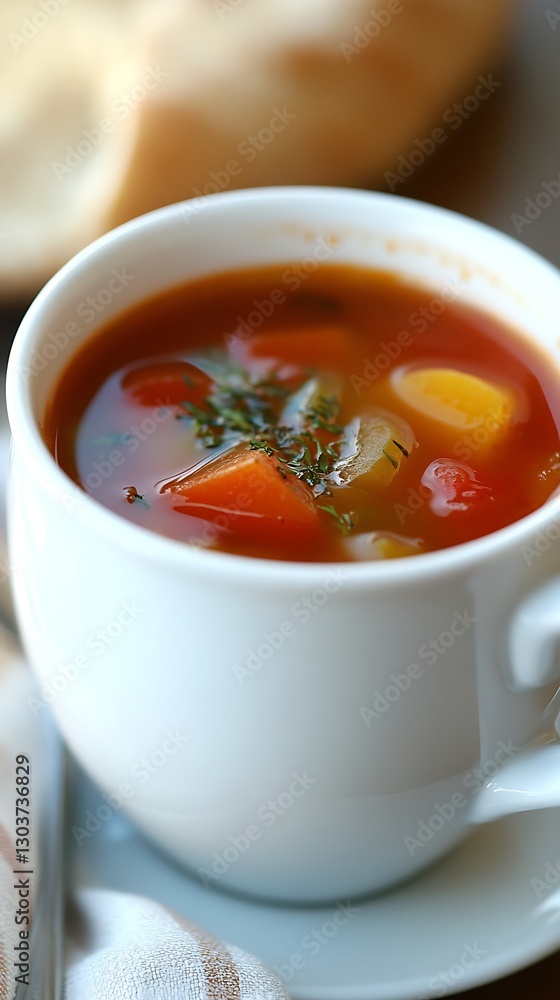 Soup with vegetables in a cup, rustic background Soup with vegetables in a cup, rustic background