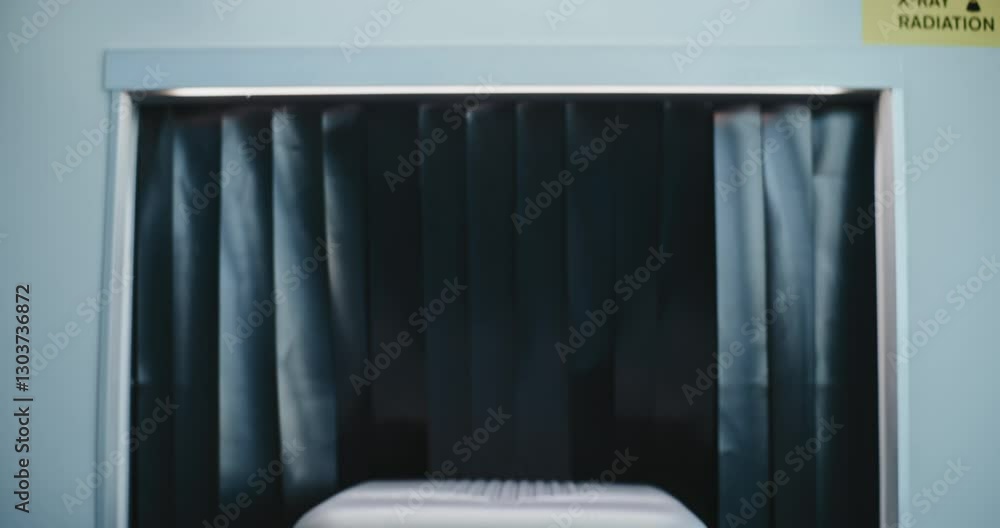 Security Checkpoint in Modern Airport Terminal: Suitcase of Passenger Moving on Conveyor Belt from Advanced X-ray Scanning Metal Detector. Baggage Scanning Procedure for Boarding Flight. Close Up. Security Checkpoint in Modern Airport Terminal: Suitcase of Passenger Moving on Conveyor Belt from Advanced X-ray Scanning Metal Detector. Baggage Scanning Procedure for Boarding Flight. Close Up.
