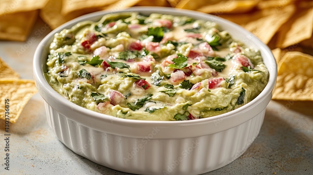 A bowl of creamy guacamole with tortilla chips. A bowl of creamy guacamole with tortilla chips.