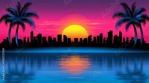 Sunset cityscape with palms reflected on water