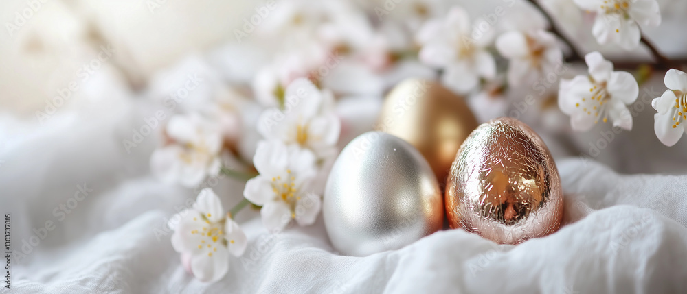 Easter eggs with metallic foil accents, resting on a soft white cloth among delicate spring cherry blossoms, light gray background Easter eggs with metallic foil accents, resting on a soft white cloth among delicate spring cherry blossoms, light gray background
