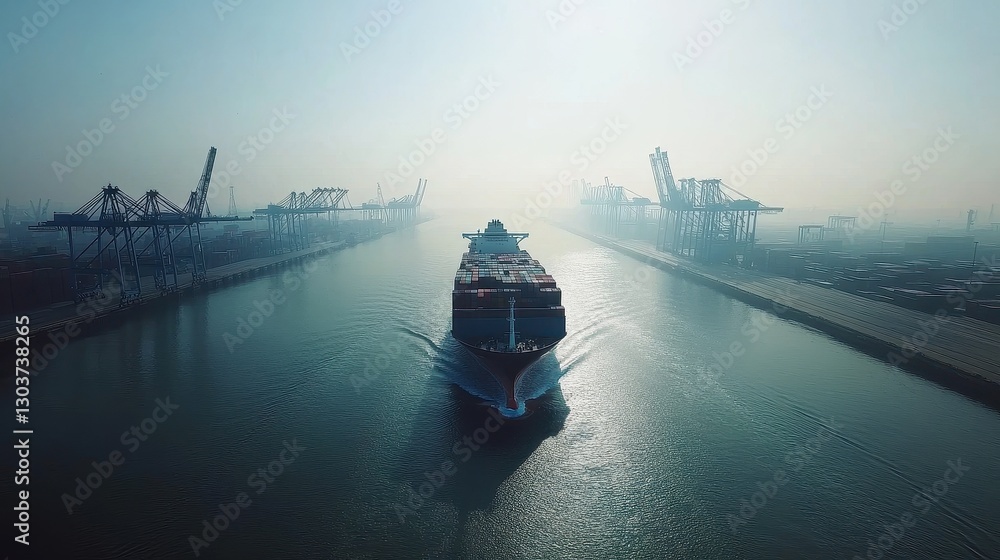 Naklejka premium Aerial view of a massive container ship navigating a busy international port, surrounded by cranes and cargo, representing global trade routes and supply chain logistics in the modern marketplace.