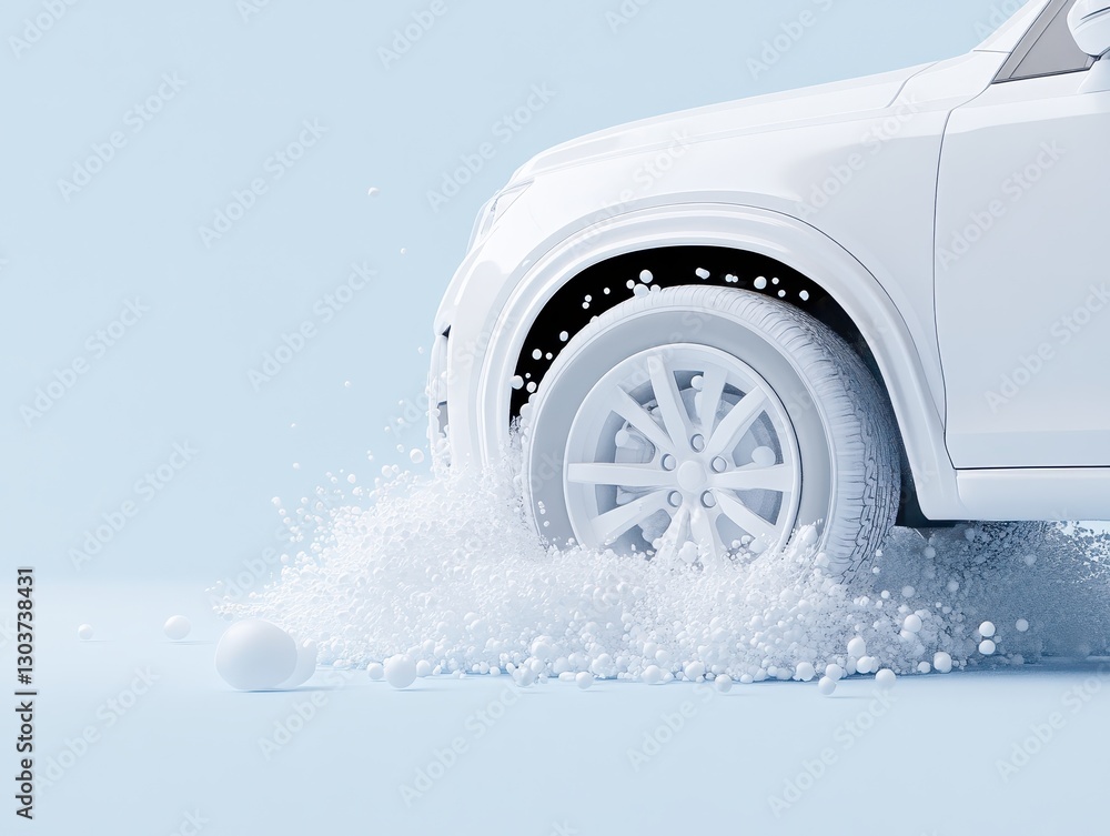 Naklejka premium White SUV splashing through foam on a light blue background, showcasing a dynamic scene