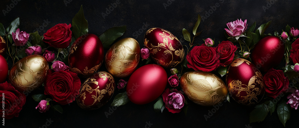 Luxurious deep red and gold Easter eggs, arranged with blooming roses on a dark textured background, evoking elegance and spring Luxurious deep red and gold Easter eggs, arranged with blooming roses on a dark textured background, evoking elegance and spring