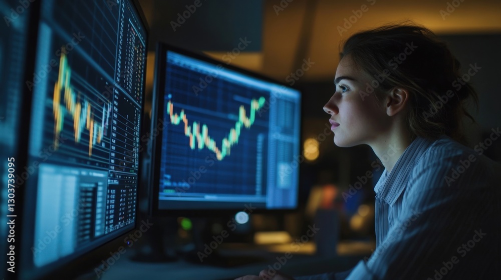 Bathed in the soft glow of monitor lights a young professional checks stock market data displayed on a large screen in a dimly lit room. One monitor shows a detailed candlestick chart Bathed in the soft glow of monitor lights a young professional checks stock market data displayed on a large screen in a dimly lit room. One monitor shows a detailed candlestick chart