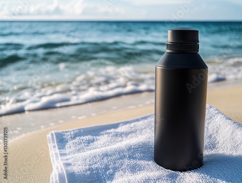 A sleek black sunscreen bottle placed on a white towel with beach waves gently rolling in the background.