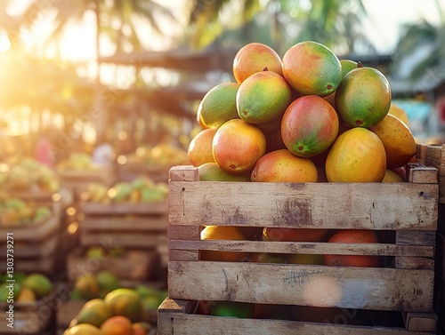 A stack of mango crates in a bustling tropical marketplace, sunlight highlighting the vibrant colors of the fruit.