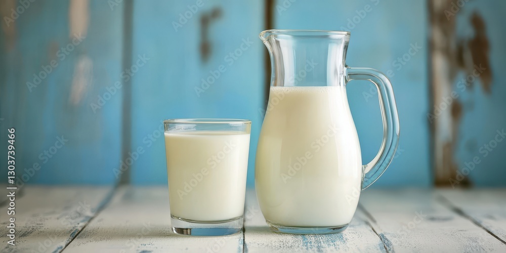 Fresh Milk in a Glass and Jug on Rustic Wooden Table with Blue Background for Healthy Lifestyle and Culinary Use Fresh Milk in a Glass and Jug on Rustic Wooden Table with Blue Background for Healthy Lifestyle and Culinary Use