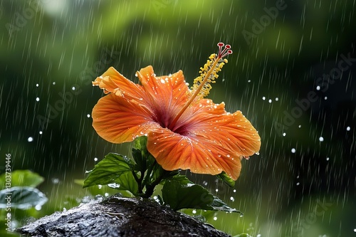 A single orange hibiscus bloom emerging from a rain-soaked plant, droplets shimmering in diffused light.