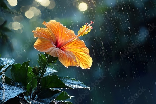 A single orange hibiscus bloom emerging from a rain-soaked plant, droplets shimmering in diffused light.
