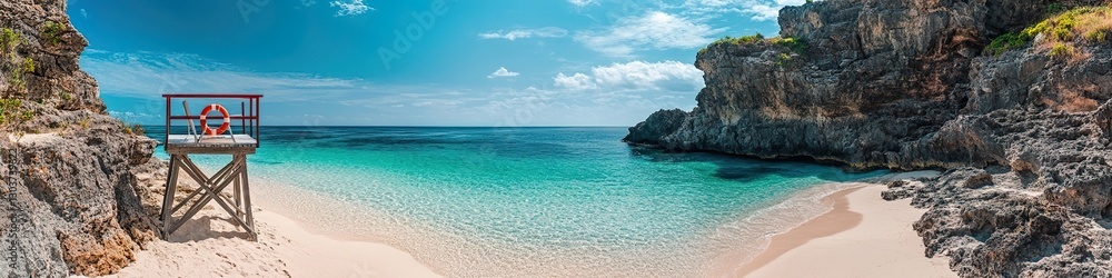 A secluded beach with a lifeguard chair at the edge of the sand, surrounded by rocky cliffs and clear turquoise waters. A secluded beach with a lifeguard chair at the edge of the sand, surrounded by rocky cliffs and clear turquoise waters.