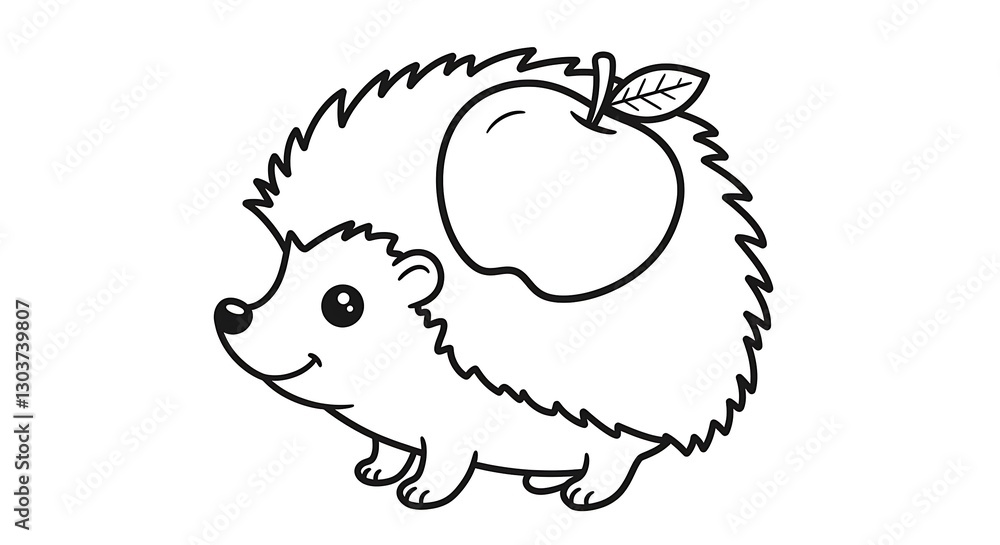 Obraz premium Outline drawing of a cartoon hedgehog with an apple on its back for coloring