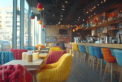 Trendy café interior with knitted chairs, wooden tables, large windows, and warm ambient lighting

 photo