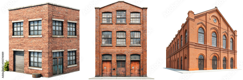 Three old brick buildings with windows and doors. Three old brick buildings with windows and doors.