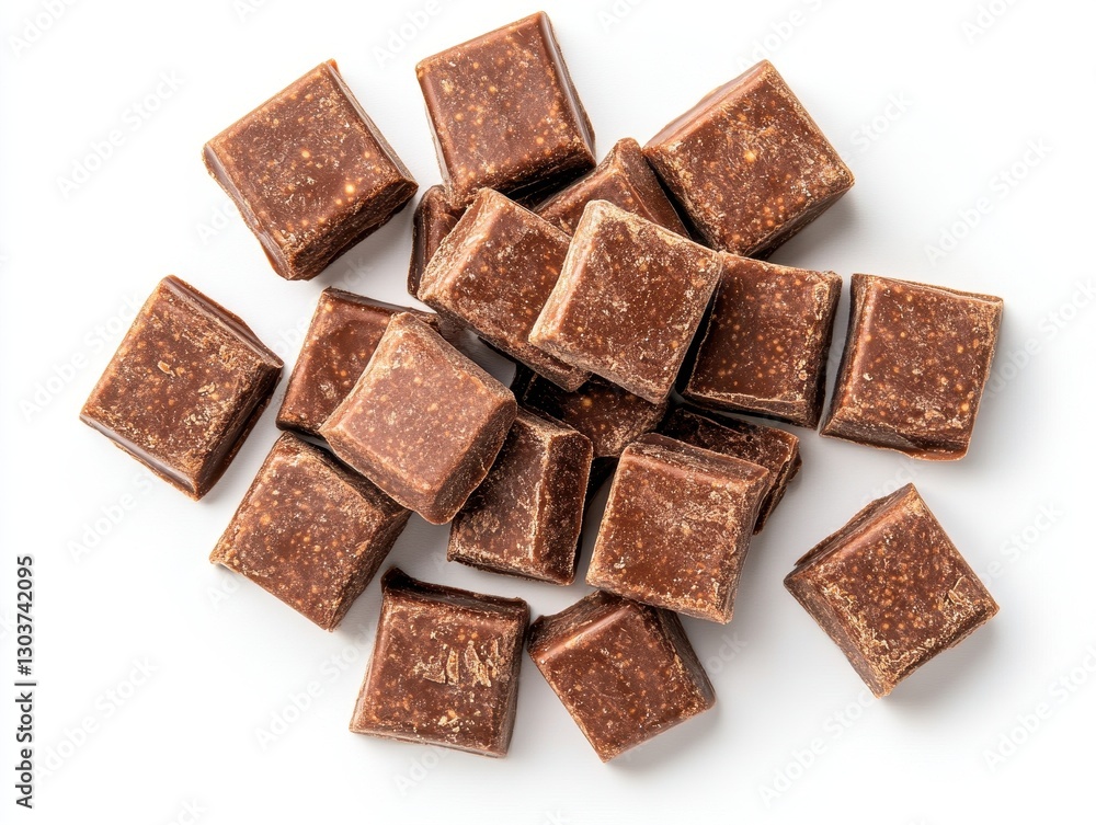 A pile of smooth, square chocolate pieces, showcasing a rich brown color and a glossy surface, perfect for snacking or baking. A pile of smooth, square chocolate pieces, showcasing a rich brown color and a glossy surface, perfect for snacking or baking.