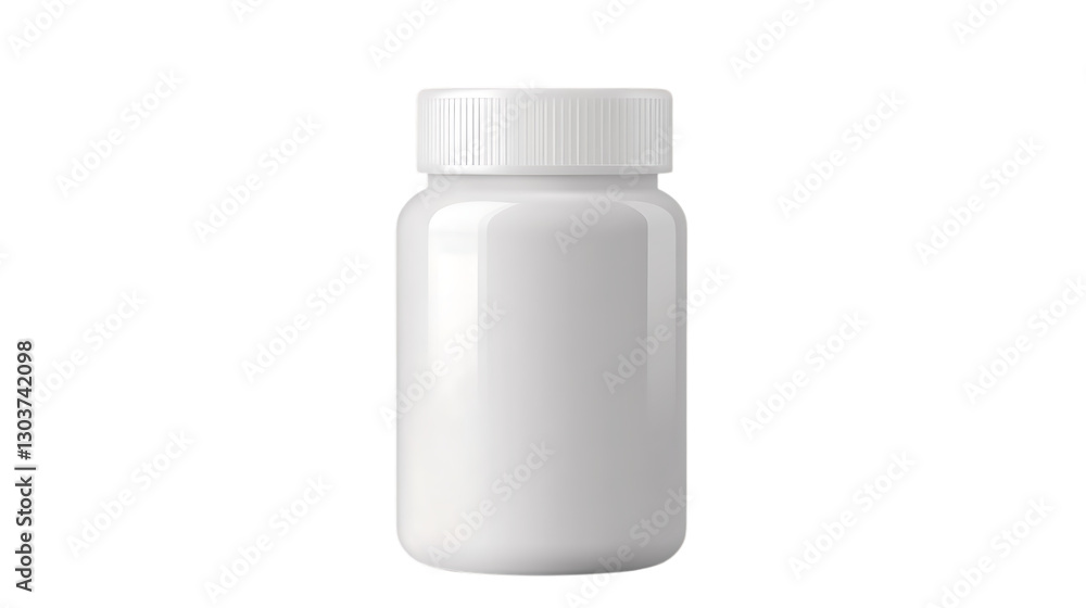 White plastic medicine bottle with a secure cap, designed for storing tablets or capsules, suitable for pharmaceutical packaging. Isolated on transparent background. White plastic medicine bottle with a secure cap, designed for storing tablets or capsules, suitable for pharmaceutical packaging. Isolated on transparent background.