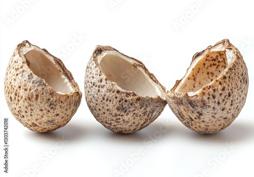 Three empty eggshells with speckled surfaces, showcasing their fragile, natural texture against a plain background. photo