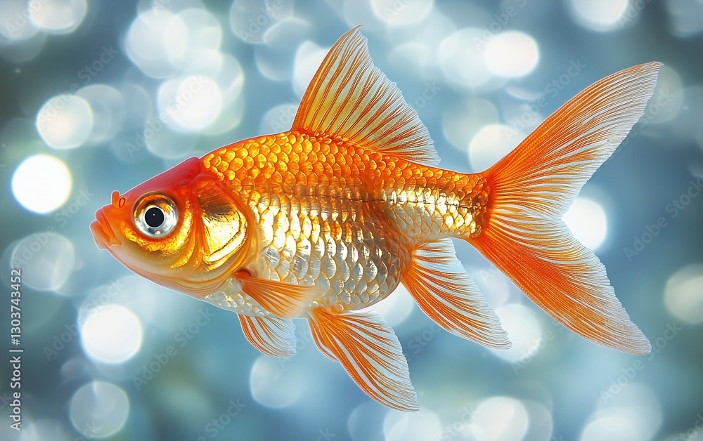 A vibrant goldfish swimming gracefully in clear blue water with shimmering bubbles. A vibrant goldfish swimming gracefully in clear blue water with shimmering bubbles.