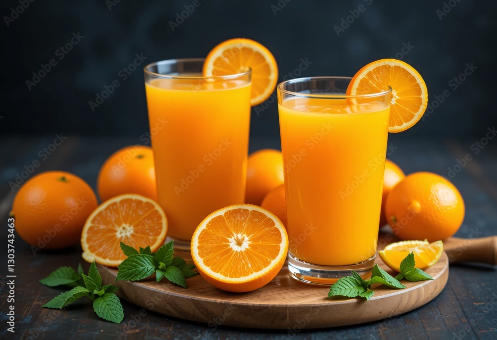 Fresh Orange Juice, A Vibrant Beverage, Shines In Clear Glasses. Natural Light Enhances Halved Oranges And Mint Sprigs On A Wooden Surface. A Healthy, Organic Start. Fresh Orange Juice, A Vibrant Beverage, Shines In Clear Glasses. Natural Light Enhances Halved Oranges And Mint Sprigs On A Wooden Surface. A Healthy, Organic Start.