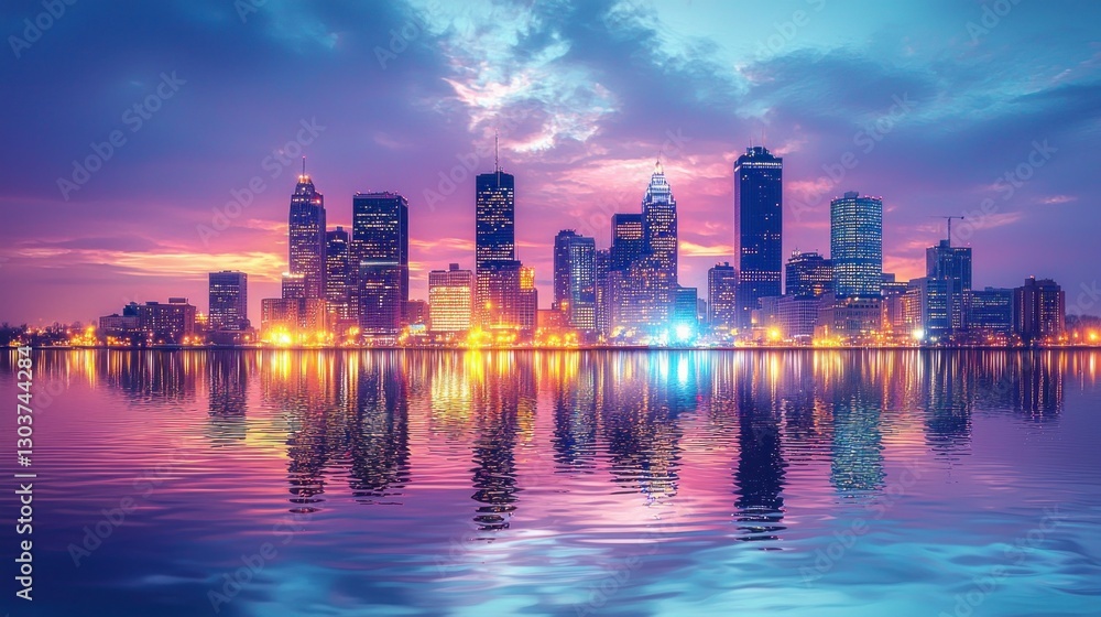 Obraz premium Vibrant City Skyline at Dusk with Colorful Reflections on Water