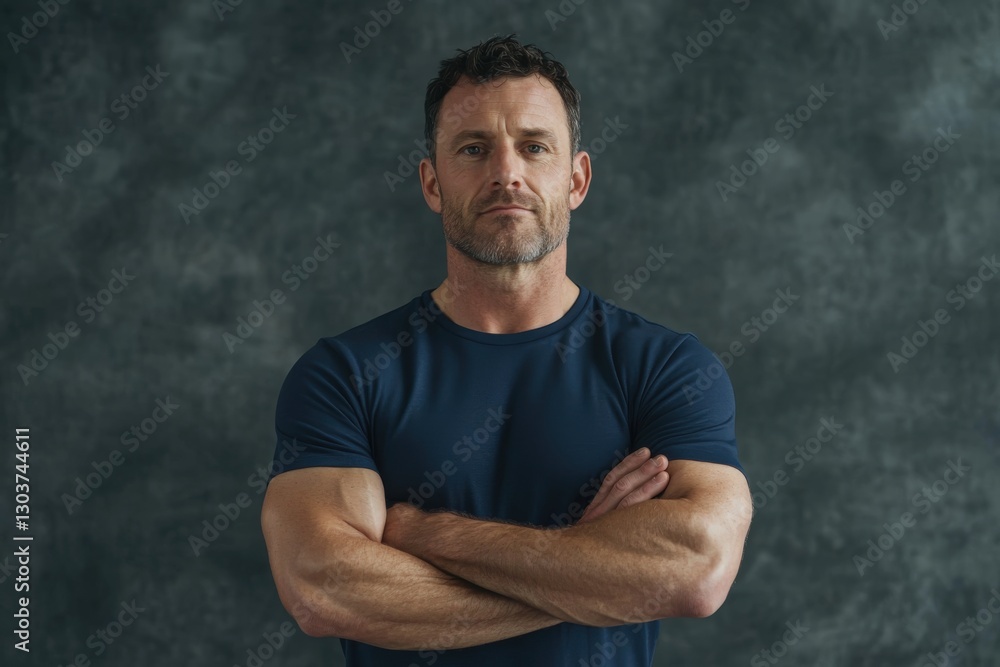 Naklejka premium Strong confident man crossing arms on dark background