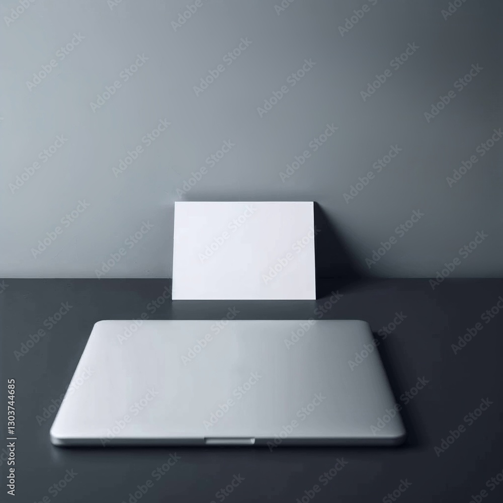Blank white card and closed laptop computer standing on gray desk against a gray wall Blank white card and closed laptop computer standing on gray desk against a gray wall