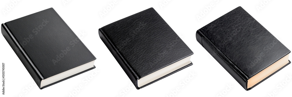 Three black hardcover books with white pages. Concept of reading, writing, and education. Three black hardcover books with white pages. Concept of reading, writing, and education.