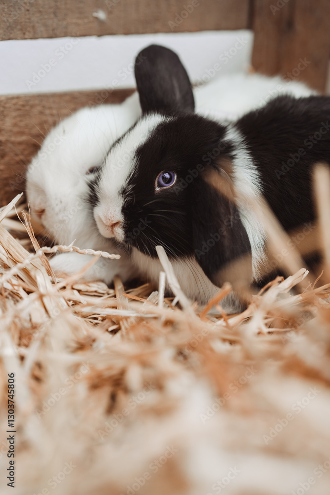 Rabbits in a wooden enclosure, one black and white and the other brown and white, nestled together on a bed of straw in a cozy farm-like setting. Rabbits in a wooden enclosure, one black and white and the other brown and white, nestled together on a bed of straw in a cozy farm-like setting.