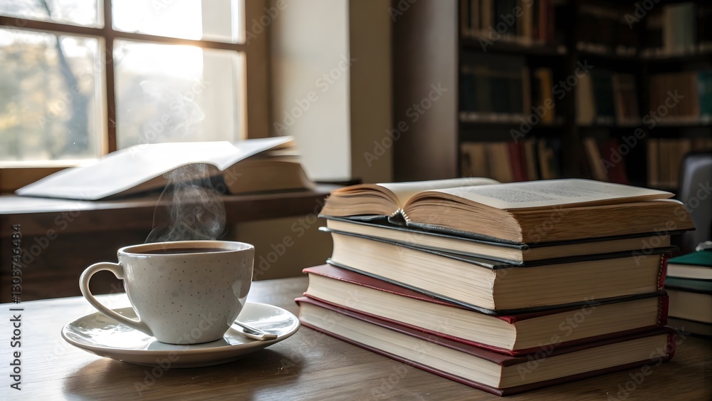 Reading Nook Serenity: A warm, inviting scene of books and coffee, near a sunlit window, evokes a sense of calm and intellectual pursuits. Reading Nook Serenity: A warm, inviting scene of books and coffee, near a sunlit window, evokes a sense of calm and intellectual pursuits.