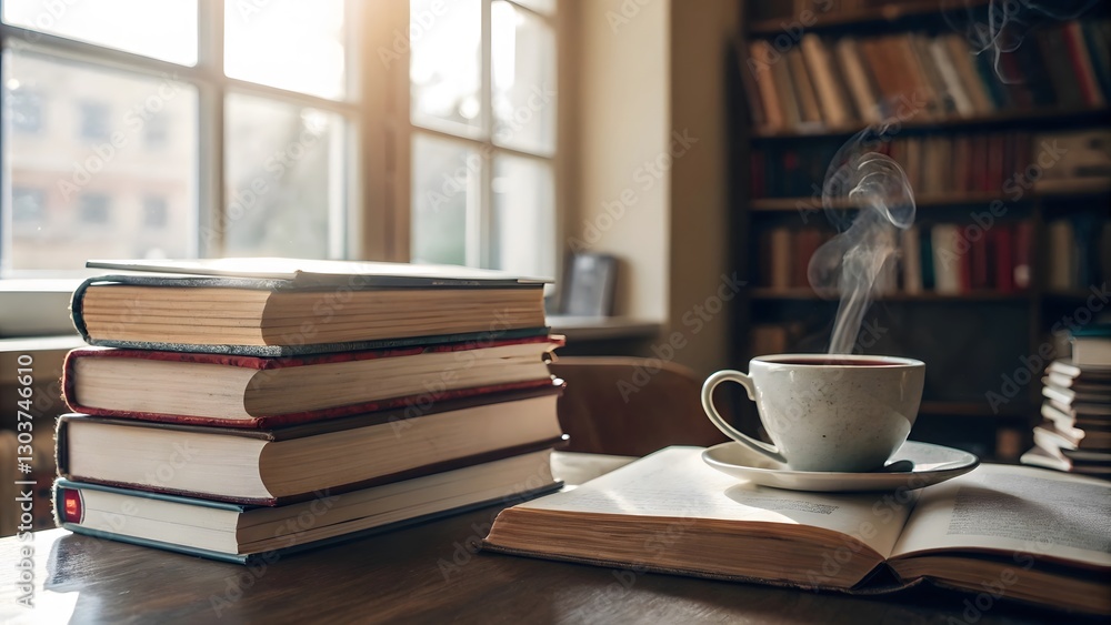 A Quiet Moment: A cozy reading nook featuring a stack of books, an open book, and a steaming cup, inviting the viewer to unwind with a good book. A Quiet Moment: A cozy reading nook featuring a stack of books, an open book, and a steaming cup, inviting the viewer to unwind with a good book.