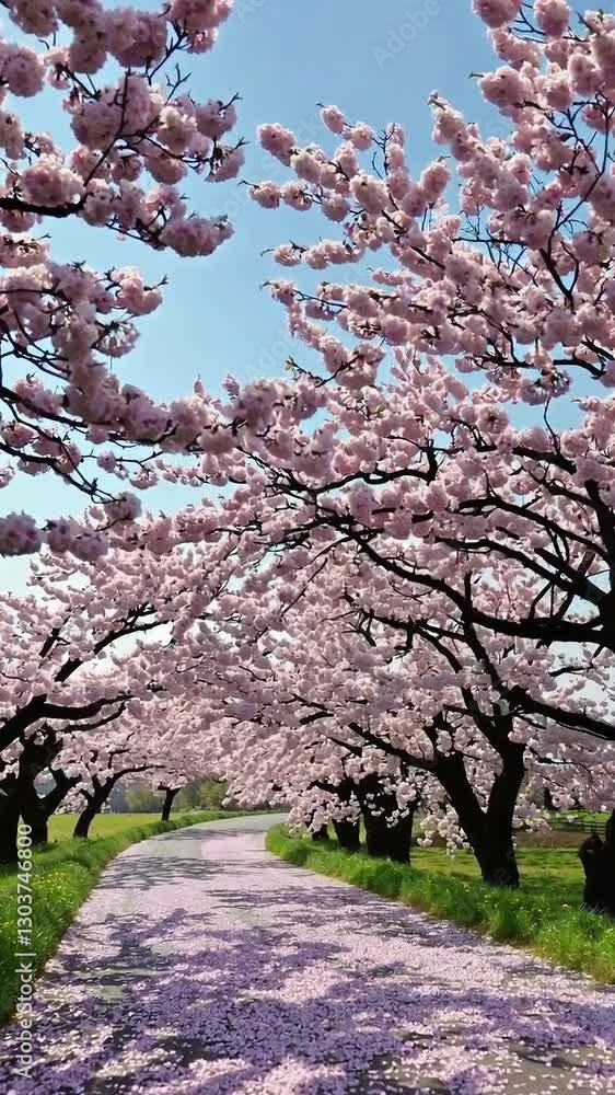 Blossoming cherry trees line a serene pathway under clear blue skies in springtime Blossoming cherry trees line a serene pathway under clear blue skies in springtime