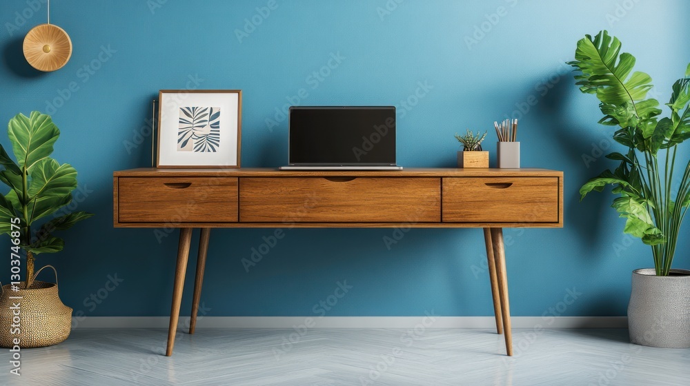Modern workspace with laptop and plants. Interior design Modern workspace with laptop and plants. Interior design