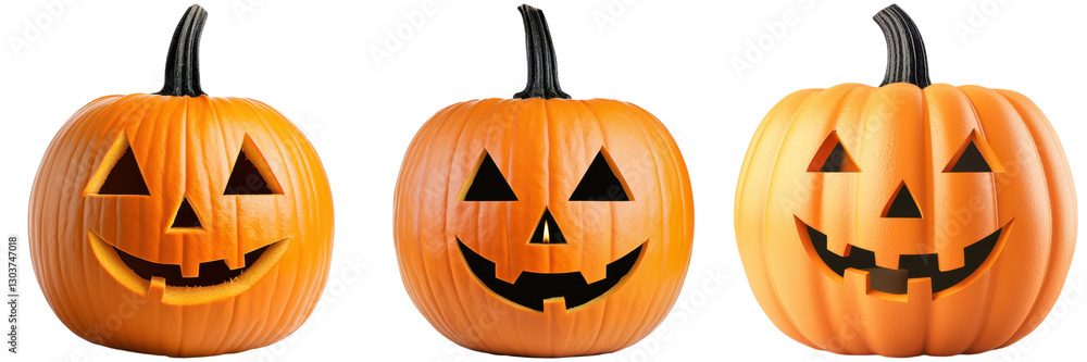 Fototapeta premium Three carved Halloween pumpkins with smiling faces. Halloween concept.