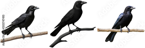 Three crows perched on branches. Black birds on branches.