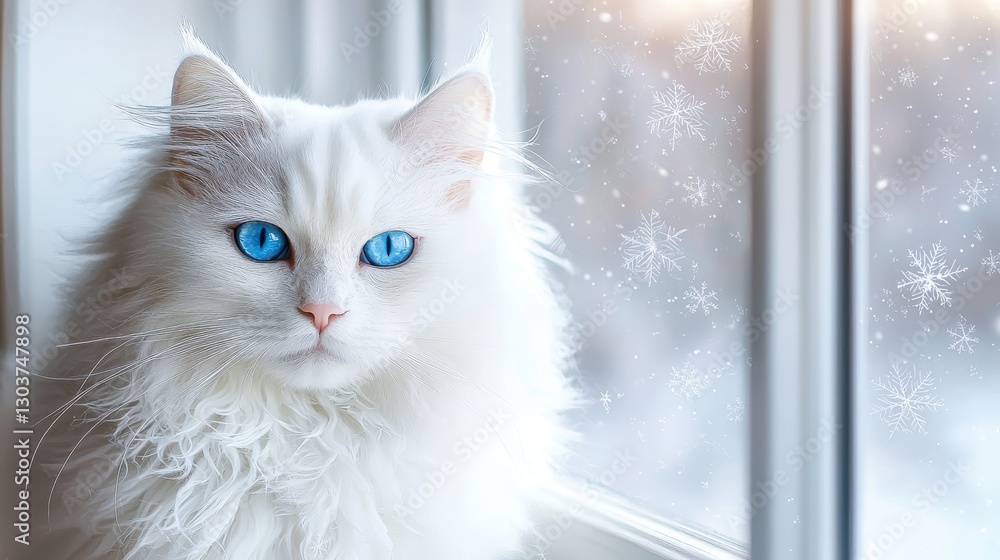 Fototapeta premium Long-haired white cat with icy blue eyes, framed by frosted window glass, blurred snowflakes falling outside, gentle warm light from sunset