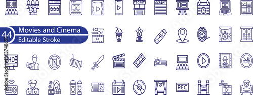 Cinema set of web icons in line style. Movie and Film linear icon collection. Containing video, movie theater, 3d, vr, popcorn, ticket, director, soundtrack and more.