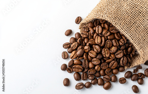 Fresh coffee beans spilling from burlap sack, ready for brewing