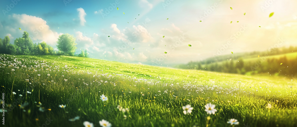 Fototapeta premium Rolling green hills covered in fresh grass and dotted with wildflowers, radiating spring energy