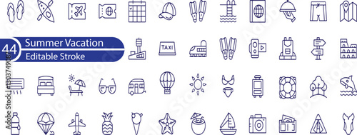 Summer Vacation Editable Icons set. Vector illustration in modern thin line style of travel related icons . sea, surfing, beach, hotel, and more.